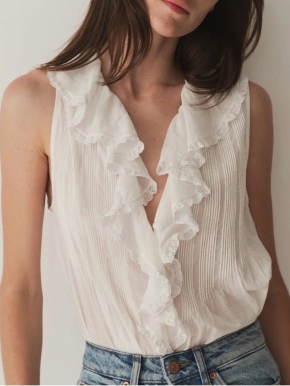 DÔEN Ivory "Salt" Hilda Sleeveless Pintuck Ruffle Blouse Romantic Cotton S - Picture 5 of 10